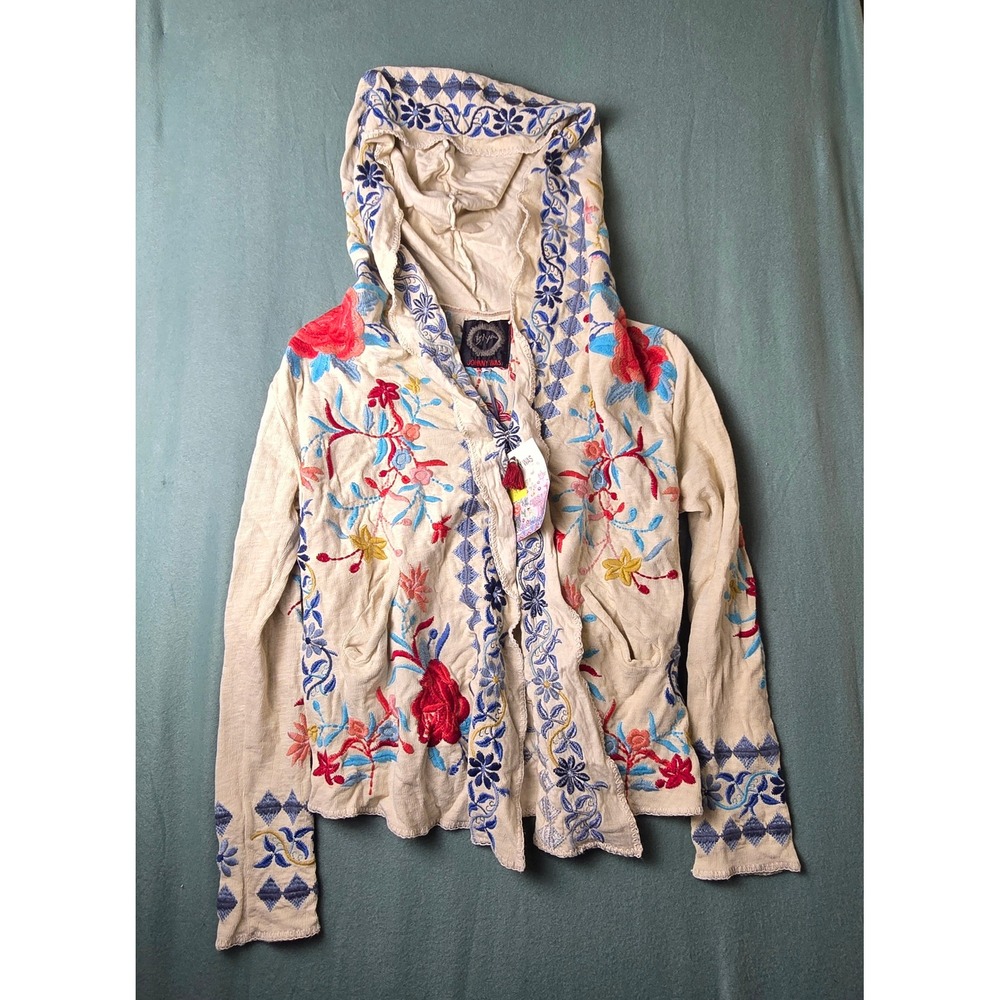 Johnny Was‎ Biya Embroidered Cotton Hoodie Jacket Cream Boho Floral B51518-5 S